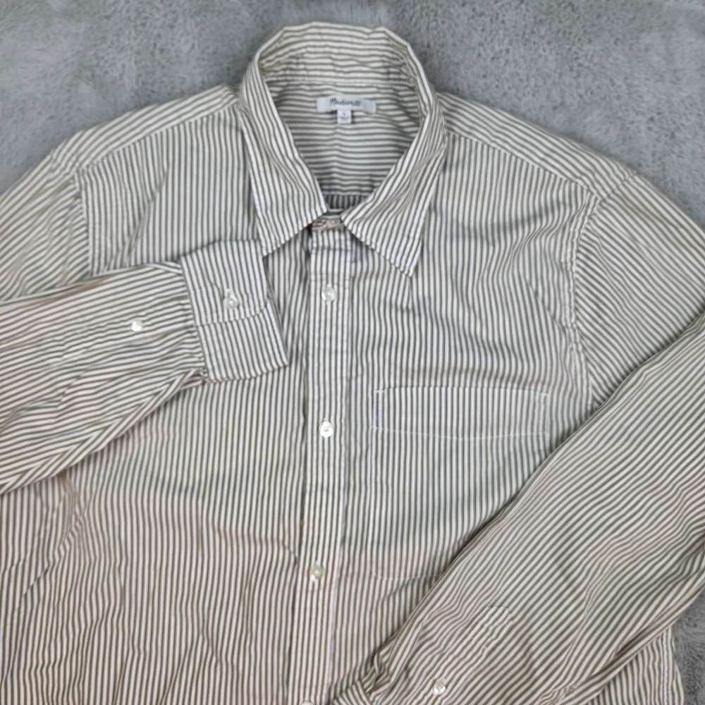 Madewell Button Down Shirt Mens L Long Sleeve Cotton Striped Olive Green White